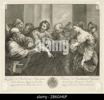Christ et l'adultérisme que les pharisiens apportent à l'adultère ont pris la femme au Christ pour le faire juger de son infraction. Christ pointe vers le sol. Texte et armoiries en marge inférieure. Numéroté à droite: 33. Fabricant : graveur Giuseppe Camerata (II) (bâtiment classé) dans le dessin: Francesco Gandini (propriété cotée) à la peinture: Bartolomeo Biscaino (propriété cotée) Lieu de fabrication: Italie Date: 1728 - 1803 Caractéristiques physiques : gravure et engrera matériau: Papier: Gravure / engrera (procédé d'impression) mesures: Bord de la plaque: H 348 mm × W 391 mm Objet: Les Pharisiens apportent une femme accusée ou un Banque D'Images