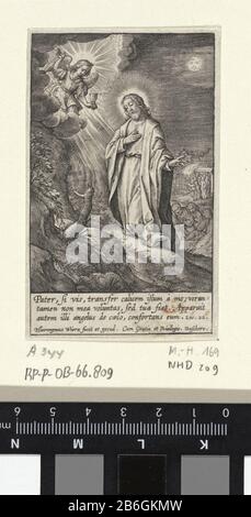 Christ dans le jardin de Gethsemane Passion du Christ (serietitel) Passio Domini nostri Iesv Christi (serietitel) Christus bidt dans de hof van Getsemane. L'Eté de hemel verschijnt een engel a rencontré een kelk. Zijn leerlingen liggen te slapen op de achtergrond. Judas komt de tuin binnen porte de poort en wijst de soldaten de plek Banque D'Images