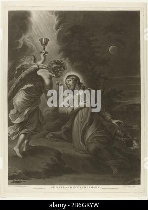 Christ dans le jardin de Gethsemane le Sauveur à Gethsemane (titre objet) Christ prie à Dieu dans le jardin de Gethsemane et a une vision. Ciel nuageux un ange apparaît avec une craie. En arrière-plan sont deux de ses élèves slapen. Fabricant : graveur Charles Howard Hodges (propriété cotée) à la peinture par Peter Paul Rubens (bâtiment classé) éditeur Evert Maaskamp (propriété cotée) Lieu de fabrication: Amsterdam Date: 1808 Caractéristiques physiques: Mezotint; matériel d'épreuvage: Papier: Technique Mezotint dimensions: Bord de la plaque: H 595 mm × W 450 mm Objet: Agonie du Christ: confort pour lui un ou Banque D'Images
