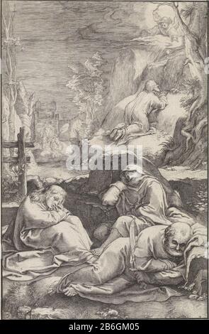 Christ dans le jardin de Gethsemane la Passion (titre de la série) Christ priant dans le jardin de Gethsemane. Un ange lui apparaît et lui montre une calice. Au premier plan, trois disciples dormant. En raison de la porte à droite arrive au soldaten. Groupe de fabricants: Ludovicus Siceramprentmaker: Lucas Vorsterman (I) (attribution rejetée) à imprimer par: Hendrick Goltzius Lieu de fabrication: Antwerpen Date: 1623 Caractéristiques physiques: Engraa matière: Papier: Technique engrala (impression) mesures: Feuille: H 194 mm × W 127 mm Objet: Agonie du Christ: Confort à un ou plus Banque D'Images
