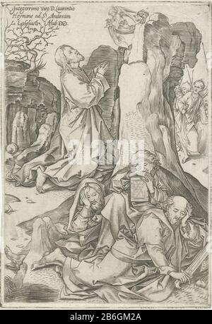 Christ dans le jardin de Gethsemane Christ prie à genoux et à tenir ses yeux sur un ange. Au premier plan, le dort Peter, James et John. Juste à l'approche de Judas avec un sac à main et derrière lui des soldats. En haut à gauche un texte dans Latijn. Fabricant : printmaker: Adriaen Huybrechts (I) (bâtiment classé), conçu par Martin SchongauerPlaats fabrication: Anvers Date: 1584 Caractéristiques physiques: Matériel automobile: Technique du papier: Engraa (processus d'impression) Dimensions: Feuille: H 165 mm (bord de la plaque) × b 114 mm Sujet: Prière du Christ dans le jardin de Gethsemane pendant la nuit; dormir; unconsciences Banque D'Images