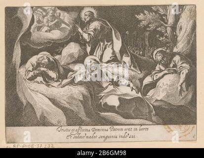 Christ est dans le hof van Getsemani Vijftien Mysteries van Rozenkrans (serietitel) quinze mystères du Rosaire de la Sainte Vierge Marie (serietitel) Christ prie Dieu dans le jardin de Gethsemane. Liens entre les nuages un ange avec une croix et une calice. Au premier plan sont Peter, James le Grand et John dormir. Dans la marge inférieure, un tekst latin à deux lignes. Fabricant : printmaker: Raffaello Schiaminossi (bâtiment classé) dans sa conception: Raffaello SchiaminossiPlaats fabrication: Rome Date: 1602 - 1604 Caractéristiques physiques: Matière de gravure: Technique du papier: Gravure Dimensions: Feuille Banque D'Images