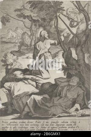 Christ dans Hof van Getsemani passie van Christ (servietitel) mort et résurrection (servietitel) Christ priant dans le jardin de Gethsemane. Du ciel, un ange apparaît avec une craie. Au premier plan dormir Peter, John et James. En arrière-plan, Judas s'approche d'un groupe de soldats. En marge d'une signature à quatre lignes en latin. Imprimez une série de quinze avec la passion de Christus. Fabricant : printmaker Pieter de Jode (I) conçu par Andrea Boscoliuitgever Matteo FlorimiPlaats fabrication: Italie Date: 1590 - 1632 Caractéristiques physiques: Matière automobile: Technique du papier: Engr Banque D'Images