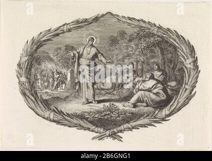Christ fait de ses disciples dormir éveillé une performance dans une cartouche de branches de palmiers. Christ dans le jardin de Gethsemane. Il rend les trois enfants dormant éveillés. En arrière-plan apparaissent les soldats et Judas. Parmi les cartouche la Bible référence Luc. 22: 46. Fabricant : printmaker Jan Luyken Editeur: Pieter Mortier (I) Lieu de fabrication: Amsterdam Date: 1700 Caractéristiques physiques: Matière de gravure: Technique du papier: Gravure Dimensions: Feuille: H 111 mm × W 157 mmToelichting Banque D'Images
