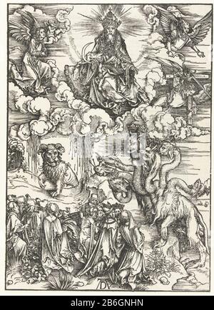 Christ avec une faucille, la bête avec des cornes comme un agneau et le dragon à sept têtes Christ s'est entronisé dans le ciel, une faucille dans sa main droite et entouré de quatre anges. Sous lui se trouvent une bête avec la tête d'un lion et des cornes comme un agneau, et un dragon à sept têtes, adorés par une foule. Sur la Bible latine verso dans le script gothique en deux kolommen. Fabricant : printmaker Albrecht Dürer (propriété cotée) Lieu de fabrication: Nuremberg Date: 1496-1497 et / ou 1511 Caractéristiques physiques: Bois et typographie: Papier technique: Bois / formats d'impression: Image: H 392 mm x W 280 mmTohtelicingIllusr Banque D'Images