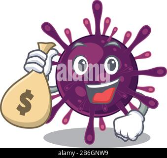 Smiley riche coronavirus insuffisance rénale personnage de dessin animé apporter des sacs d'argent Illustration de Vecteur