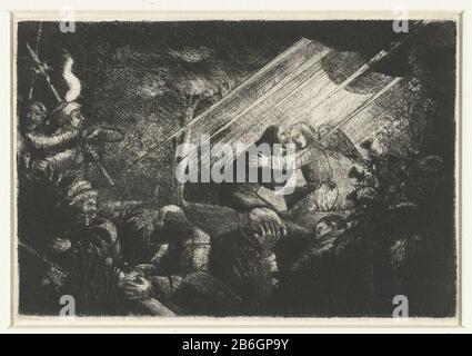 Christ sur le Mont des Oliviers Christ sur le Mont des Oliviers embrassé par un engel. Fabricant : Print maker: Fabrication anonyme: Pays-Bas Date: 1630 - 1750 Caractéristiques physiques: Aiguille sèche et matière de prise de vue: Technique du papier: Aiguille sèche / prise de vue (procédé d'impression) mesures: Bord de la plaque: H 123 mm × W 180 mmToeliechtDoor Bartsch a été attribué à un élève inconnu de Rembrandt . Sujet: Agonie du Christ: Pour le réconforter un ou plusieurs anges appearacné au Christ avec la calice et / ou croix Banque D'Images