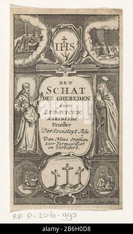 Christ, Marie et les figures de prière Le Trésor de ghebeden (titre objet) Page de titre pour Ludovicus Makeblyde, le Trésor des supplications, 1738 Christus a rencontré rijksappel en Maria a rencontré gevouwen handen staan aan weerszijden van een cartouche rencontré de boektitel. Midden onder drie kroizen op de berg Golgota. Idden boven de lettres IHS. A de vier hoeken afbeeldingen van biddende figuren. Fabricant : fabricant: Daniel Bongaert (mogelijk)uitgever: Erven weduwe Cornelis StichterPlaats fabrication: Amsterdam Dating: 1738 matériau: Papier Techniek: Etsen / Graveren (drukprocedé) Dimensions: Blad: H 12 Banque D'Images