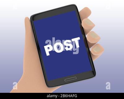 Illustration tridimensionnelle d'une main tenant un téléphone cellulr avec le mot POST affiché sur son écran, isolée sur gradient bleu pâle. Banque D'Images