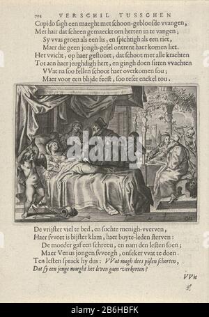Cupid et une flèche vierge mourante Cupid dans le coeur d'une jeune femme a tiré et a l'air choqué comment elle meurt. Un médecin ressent son poignet et tient une bouteille de liqueur dans sa main. En arrière-plan quelques tafelend amour, Où: La flèche de l'homme, qui tue tiré sur lui dans son dos. La mort a surpris les rayures sur son crâne car l'homme frappé n'est pas mort mais est dans l'amour. Le texte dans l'image que les flèches groupées de Cupid et de mort échangées font la mort la jeune femme et le vieil homme dans l'amour est. Fabricant : printmaker: Crispin van den Queborn (propriété cotée) conçu par: Adriaen Pietersz. Du Ven Banque D'Images