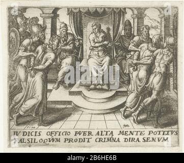 Dans la salle d'audience Daniel accuse les anciens du perjure et il le prouve en les interrogeant séparément. Ils sont reconnus coupables et pris. L'impression comporte une légende latine. La série illustre l'histoire de Susanna (Daniel 13 : 1-64) . Fabricant : printmaker Abraham de Bruyn (propriété cotée) Lieu de fabrication: Anvers Date: 1570 Caractéristiques physiques: Matériel automobile: Technique du papier: Engraa (procédé d'impression) Dimensions: Bord de la plaque: H 70 mm × W 85 mm Objet Daniel expose l'arbre ailleurs tromperies Banque D'Images