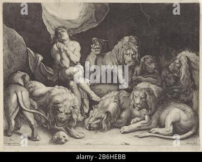 Entouré par des lions est Daniel avec des mains repliées et se dirige dans la den du lion. Gauche au premier plan est un doodshoofd. Fabricant : printmaker Willem van der Leeuw (bâtiment classé), conçu par Peter Paul Rubens (bâtiment classé) Daté: 1613 - environ 1665 Caractéristiques physiques: Engrala et le matériel de gravure: Technique du papier: Engraa (processus d'impression) / dimension de gravure: Bord de la plaque: H 415 mm × W 553 mm Sujet Daniel assis sans préjudice dans la pièce du lion, entouré de lion Banque D'Images