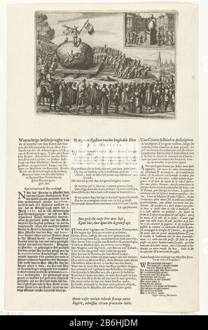 Amersfoort Stone Trekking, 1661 Cartoon Sur Le Dessin De Pierre Amersfoort. Le 7 juin 1661 sera dirigé par Esq. Everard Meyster un grand rocher (Amersfoort Kei) a tiré le Varkensmarkt dans la ville d'Amersfoort de Leusderheide. Le bloc est allongé sur un chariot à rouleaux tiré par mannnen avec des cordes. Le bloc est un jester avec des trompettes et des bannières et deux hiboux, chaque bloc une couronne de bretzels et un violon. Avec une grande foule de spectateurs dans la distance Amersfoort. Avec un insert avec une photo du bloc sur un piédestal sur le marché. Sur le bac situé sous la plaque, trois colonnes de tex ont été imprimées Banque D'Images