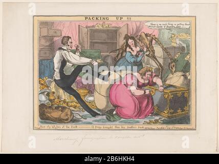La famille Conyngham a emballé vers le haut pour le déménagement emballage (titre objet) La famille Conyngham occupé à emballer tous leurs biens pour passer du château de Windsor au château de Slane, 1830. Le rond Lady Conyngham, maîtresse du roi George IV, essayant d'ouvrir un coffre au Trésor avec une clé. Lord Conyngham tire une corde à un grand paquet. La fille porte la girafe de squelette. Fabricant : printmaker William Heath (bâtiment classé) Éditeur: Thomas McLean (propriété cotée) Lieu de fabrication: Printmaker: Angleterre Éditeur: Londres Date: 1 juil 1830 Caractéristiques physiques: Gravure, matériel de couleur main: Technique du papier Banque D'Images