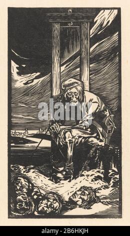 Mort à la guillotine mort assise pour une guillotine. Il fume un tuyau. À ses pieds se trouvent quatre têtes coupées. En arrière-plan une stad. Fabricant : printmaker: Johannes Josephus Aart Date: 1881 - 1934 Caractéristiques physiques: Matière de coupe du bois: Technique du papier: Dimensions de la coupe du bois: Image: H 287 mm × W 156 mm Objet: Mort comme mort manviolente  beheading par tête de guillotine d'une personne Décapée Banque D'Images