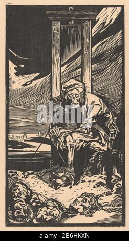 Mort à la guillotine mort assise pour une guillotine. Il fume un tuyau. À ses pieds se trouvent quatre têtes coupées. En arrière-plan une stad. Fabricant : printmaker: Johannes Josephus Aart Date: 1881 - 1934 Caractéristiques physiques: Matière de coupe du bois: Technique du papier: Dimensions de la coupe du bois: Image: H 287 mm × W 156 mm Objet: Mort comme mort manviolente  beheading par tête de guillotine d'une personne Décapée Banque D'Images