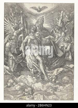 Le Dieu de la Sainte Trinité aime le Christ mort dans les pauvres, alors qu'au-dessus d'eux le Saint Esprit sous la forme de flotteurs d'une colombe. Autour d'eux anges avec passiewerktuigen. Fabricant : printmaker Albrecht Dürer (propriété cotée) Lieu de fabrication: Nuremberg Date: 1511 Caractéristiques physiques: Matière de coupe de bois: Technique du papier: Dimensions de la coupe du bois: Image: H 390 mm × W 280 mm Objet: Trinity Combien de disciples Dieu le Père et le Christ sont représentés comme des personnes, le Saint-Esprit comme colombe'Arma Christi' Banque D'Images