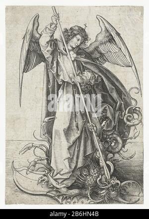 Le Saint Michael bat avec une lance un draak dévorant. Fabricant : printmaker Martin Schongauer (propriété cotée) Lieu de fabrication: Allemagne Date: 1470 - 1490 Caractéristiques physiques: Matériel automobile: Technique du papier: Engraa (procédé d'impression) Dimensions: Feuille: H 160 mm × W 112 mm Sujet: L'Archange Michael lutte contre le dragon (diable, Satan) Banque D'Images