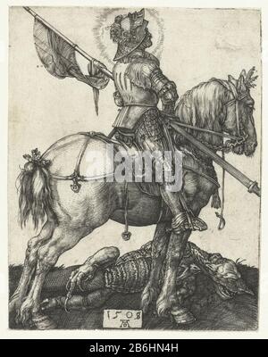 Saint-Georges à cheval à côté du dragon de slain Le Saint-Georges en armure sur son cheval, à côté du dragon il lain heeft. Fabricant : printmaker Albrecht Dürer (propriété cotée) Lieu de fabrication: Nuremberg Date: 1508 Caractéristiques physiques: Matériel automobile: Technique du papier: Engrala (impression) Dimensions: Feuille: H 109 mm b × 85 mm Objet: Le guerrier martyr George (Georgius); attributs possibles: bannière (croix rouge sur le champ blanc), croix (ed), estragon, cheval (blanc), lance cassée, bouclier (avec croix), épée Banque D'Images
