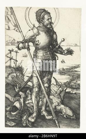 Le Saint George se tenant à côté du dragon tué Le Saint George, en armure, se tenant à côté du dragon qu'il a tué. En arrière-plan un baai. Fabricant : printmaker Albrecht Dürer (propriété cotée) Lieu de fabrication: Nuremberg Date: 1500 - 1505 Caractéristiques physiques: Matériel automobile: Technique du papier: Engrala (impression) Dimensions: Feuille: H 112 mm × W 71 mm Objet: Le guerrier martyr George (Georgius); attributs possibles: bannière (croix rouge sur le champ blanc), croix (ed), estragon, cheval (blanc), lance cassée, bouclier (avec croix), épée Banque D'Images