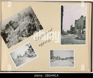 La Haute et les environs, Rotterdam Album Leaf avec quatre photos de la Haute rue et des environs de Rotterdam. Une carte postale, deux photos privées et une photo prise d'une certaine hauteur. Page 14 de l'album "Ravages des villes et des infrastructures néerlandaises au début du second Wereldoorlog". Fabricant : Photographe: Alie Round Mountain VrauwdêuntPlaats fabrication: Rotterdam Date: 1940 matériel: Papier carton technique: Gélatine argent imprimé / formats d'impression: Album sheet: H 237 mm × W 303 mmToeliechtde photos de Rotterdam faites par une tante du vendeur qui alors à FOKA Rotterdam werkte. S Banque D'Images