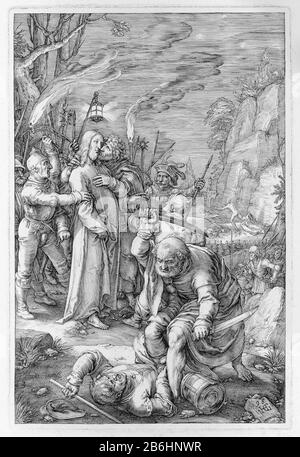 Le Judas embrasse la Passion (titre de la série) le Christ est capturé par des soldats dans le jardin de Gethsemane. Judas l'embrasse sur la joue. Au premier plan, Peter Malchus coupe une oreille. Ce tirage fait partie d'une série de douze passivoorstellingen. Fabricant : printmaker: Hendrick Goltzius (bâtiment classé) dans sa conception: Hendrick Goltzius Inspiration: Lucas van Leyden Inspiration: Albrecht Dürer Éditeur: Hendrick Goltzius Éditeur: Frederick WitPlaats fabrication: Printmaker: Haarlem Éditeur: Haarlem Éditeur: Amsterdam Date: 1598 Caractéristiques physiques: Un matériau technique: ENG: Papier technique Banque D'Images