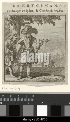 Le Krygsman Verdraagen et la souffrance, Est Christelyk stryden (titre objet) Muskeeteer et un officier dans un arbre dans la distance un combat Twee mannen bij een boom. De man links draagt een juste corps en om de schuder een bandelier met kruitmaatjes. Zijn hoed in de main. Rechts een man gekleed in een justicaucorps, sjerp met franjes om het intermédiaire, degen aan de zijde. Hoed met veren op het hoofd. Op de achtergrond twee ruiters te paard, in de verte een gevecht bij een stad. De prent maakt deel uit van een bundel etsen van diversen ambachten genaamd Spiegel van het Menselyk Bedyf, porte Jan Luyken, A Banque D'Images