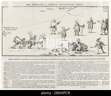 Le Lion hollandais attaqué par la traque et la violence, 1780 la Liste et la violence Attaqués par Lion (titre objet) Le Lion néerlandais attaqué par la traque et la violence. Dessin animé sur les événements politiques aveuglés attaqués en l'an 1780. Le Lion néerlandais par un Français, attaqué par un Espagnol et un ancien jésuite. La carte a marqué les emplacements Portsmouth, Amsterdam et Brest. A gauche un moine tire un panier aux Pays-Bas. Sous la feuille se trouve une feuille de texte bloquée avec une explication des figures 1-9. Fabricant : printmaker: Fabrication anonyme: Pays-Bas Date: 1780 Caractéristiques physiques: Gravure, Wit Banque D'Images