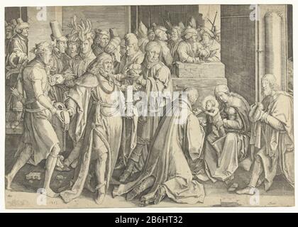 L'adoration de la copie Magi symétrisée. Joseph et Marie avec l'enfant du Christ, trois rois portant des cadeaux et un grand gevolg. Fabricant : printmaker: Anonyme à imprimer par Lucas van Leyden (bâtiment classé) En Date du: 1513 - 1583 Caractéristiques physiques: Matériel automobile: Papier technique: Engraa (procédé d'impression) Dimensions: Feuille : h 297 mm × W 426 mm Objet: Adoration des rois: Les Sages présentent Leurs cadeaux à l'enfant-Christ (or, encens et myrrhe) Banque D'Images