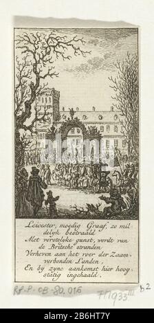 L'arrivée du comte de Leicester à la Haye, 1586 Arrivée de Robert Dudley, comte Leicester, à la Haye, le 6 janvier 1586. Réception festive du chariot avec le comte dans une porte triomphale. Dans le poème de légende de 8 lignes en néerlandais: Leicester, Brave Earl as mildelyk irradié etc. Fabricant : printmaker Simon Fokke Lieu fabrication: Northern Netherlands Date: 1722 - 1784 Caractéristiques physiques: Matériel de gravure: Technique du papier: Dimensions de gravure: Feuille: H 89 mm x b 44 mmToeliechtingeatie d'un almanakje. Avec la lettre. Objet: Entrée triomphale et réception publique, concours, ' Banque D'Images