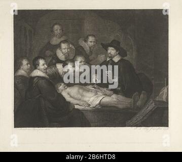 Leçon d'anatomie du Dr Nicolaes Tulp Portrait du groupe des chirurgiens d'Amsterdam lors d'une leçon d'anatomie. Les hommes assis et debout autour d'une table sur laquelle un cadavre. Le Dr Nicolaes Tulp Enseigne. Il a le bras du corps exposé et tenant une paire de pinces avec un ensemble de muscles de bras vers le haut, alors qu'il fait une main démontrant le geste avec son autre. Outre Nicolaes Tulp, sont également chirurgiens Jacob Blok, Hartman Hartmansz, Adraen Slabran, Jacob de Witt, Mathijs Turquie, Jacob Kool Velt et Frans van Loenen afgebeeld. Fabricant :. Le créateur d'impression John Pieter de Frey (propriété cotée) à la peinture: Re Banque D'Images