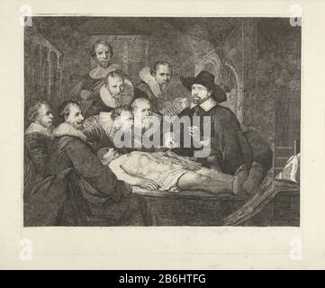 Leçon d'anatomie du Dr Nicolaes Tulp Portrait du groupe des chirurgiens d'Amsterdam lors d'une leçon d'anatomie. Les hommes assis et debout autour d'une table sur laquelle un cadavre. Le Dr Nicolaes Tulp Enseigne. Il a le bras du corps exposé et tenant une paire de pinces avec un ensemble de muscles de bras vers le haut, alors qu'il fait une main démontrant le geste avec son autre. En plus de Tulp permettre aux chirurgiens Jacob Blok, Hartman Hartmansz, Adraen Slabran, Jacob de Witt, Mathijs turquie, Jacob Kool Voorvelt et Frans van Loenen afgebeeld. Fabricant :. Print Maker: Johannes Pieter de Frey à la peinture de Rembrandt Banque D'Images