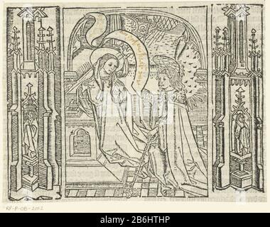 De annonciatie A Imprimé trois blocs. Archange Gabriel annonce Marie, s'agenouillant à la table avec le livre, naissance du Christ. Par la fenêtre, venez briller, le Saint-Esprit et le Christ avec la croix à l'intérieur. Gauche et droite de la représentation ornamentatie architecturale. Fabricant inconnu Maître de Delft (attribué à) inconnu: Maître Delbecq-Schreiber-Passion (attribué à) inconnu: Maître de la Virgo inter Virginie (attribué à) Lieu de fabrication: Pays-Bas Dating : 1480 - 1500 et / ou 1503 Caractéristiques physiques: Bois: Technique: Papier: Dimensions du bloc de bois: Feuille: 109 mm × h 14 Banque D'Images