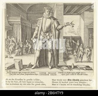 Le médecin en tant qu'homme, la profession médicale (titre de la série) une maison est un homme au feu près de son lit, famille de soins autour de lui. Un médecin est assis à côté de lui parler. Dans la chambre il y a le droit de voir ce qui est arrivé à l'homme depuis sa chute (voir les deux premières images de la série), sa blessure à la tête était habillée et il marcha sur des béquilles. Au premier plan, le médecin se tenant au milieu des livres et des instruments médicaux. Sous la représentation gravé des textes latins et grecs (en dehors du bord de la plaque mais sur la même feuille) néerlandais imprimé, Où: En expliquant que le médecin si un ou Banque D'Images