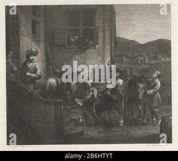 La Bonne Arrivée de Samaritan à l'auberge. Le passager blessé est transporté par deux aides tandis que le Samaritain avec son sac à main à l'entrée de l'auberge est. Dans la fenêtre, regardez les figures TOE. Fabricant : Print Maker: Johannes Pieter de Frey (inscrit à l'objet) après une peinture de Rembrandt van Rijn (attribuée à) Date: 1780 - 1834 Caractéristiques physiques: Gravure; matériau d'épreuvage: Technique du papier: Gravure Dimensions: Bord de la plaque: H 342 mm × W 381 mmToelichtnPrent à la peinture attribuée à Rembrandt van Rijn / École de Rembrandt dans la collection du Musée du Louvre en P Banque D'Images