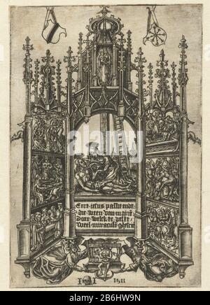 La lamentation du Christ dans un sanctuaire avec les six autres sorws du sanctuaire gothique de Marie avec la lamentation du Christ par Marie avec un d lourd dans le coeur. A gauche trois scènes: Christ sur la croix, Christ dans le temple et la Présentation dans le Temple. Trois scènes de droite : l'entombment, le Calvaire et le vol en Egypte. Haut sanctuaire : Vierge et enfant dans la gloire. Sous le sanctuaire deux anges pour les protéger l'homme des Sorrows et l'Arma Christi. Au-dessus du sanctuaire: Arme de Delft et d'autres stadwapen. Fabricant : printmaker Master II skull (propriété cotée) Lieu de fabrication: Pays-Bas Date: 1511 Caractéristiques physiques: Banque D'Images