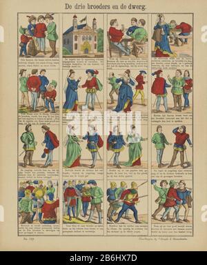 Les trois frères et la feuille naine (objet titre) avec 16 scènes de l'histoire des trois frères et du nain. Sous chaque image pour une légende. Numéroté à gauche ci-dessous: N° 124. Fabricant : éditeur: Oehmigke & Riemschnieder (bâtiment classé) printmaker: Fabrication anonyme: Neuruppin Dating: 1828 - 1937 Caractéristiques physiques: Lithographie couleur à la main en rouge, jaune, vert et bleu; matériel d'impression de texte: Technique: Lithographie (technique) / couleur des mains / formats d'impression: Feuille: H 407 mm × W 338 mm Sujet: histoires et fée naine Banque D'Images