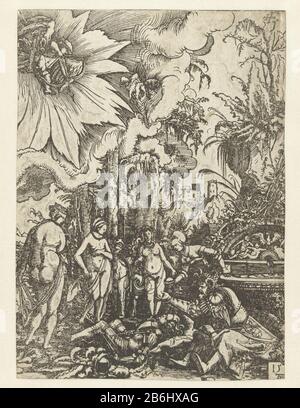 Le rêve de Paris le jugement de Paris Paris vêtu d'un chevalier en armure, dormant sur le sol près d'une fontaine. Avec lui, Mercure lui fait appel dans son rêve. Autour d'eux sont les déesses Juno, Minerva et Vénus. Une femme à la fontaine, la boule d'or vaste. Fabricant : printmaker Albrecht Altdorfer (propriété cotée) Lieu de fabrication: Allemagne Date: 1511 Caractéristiques physiques: Matière de coupe de bois: Technique du papier: Coupe de bois Dimensions: Feuille: H 196 mm (coupée) × W 142 mm ( coupée) Sujet: Le rêve de Paris Banque D'Images