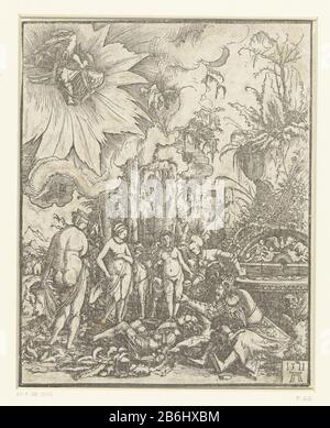 Le rêve de Paris le jugement de Paris Paris vêtu d'un chevalier en armure, dormant sur le sol près d'une fontaine. Avec lui, Mercure lui fait appel dans son rêve. Autour d'eux sont les déesses Juno, Minerva et Vénus. Une femme à la fontaine, la boule d'or vaste. Fabricant : printmaker Albrecht Altdorfer (propriété cotée) Lieu de fabrication: Allemagne Date: 1511 Caractéristiques physiques: Matière de coupe de bois: Technique du papier: Dimensions de la coupe de bois: Image: H 202 mm × W 162 mm Objet: Le rêve de Paris Banque D'Images