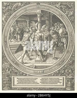 La flagellation du Christ Le cycle de la Passion (serietitel) À Partir de la série de douze empreintes. Christ attaché à la colonne battue par quatre hommes avec des fouets. Autour du cadre décoratif de performance. Cadre inférieur avec texte en latin. Impression de plusieurs blokken. Fabricant : printmaker Jacob Cornelisz. De Oostsanen (inscrit sur l'objet) Lieu de fabrication: Pays-Bas Date: 1517 Caractéristiques physiques: Matériaux de coupe du bois: Technique du papier: Bois Dimensions: Feuille: H 350 mm × W 283 mm Objet: Flagellation par des soldats, Christchurch Habituellement liée à une colonne (Matthieu 27:26; Marc 15 : 15; Jean 19: 1) Banque D'Images