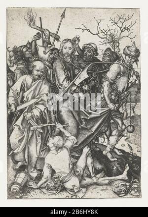 La capture de la Passion (titre de la série) Christ attaché au cou et aux mains prises par un groupe d'hommes armés. Ce tirage fait partie d'une série de douze tirages représentant des scènes du Lijdensverhaal. Fabricant : printmaker Martin Schongauer (propriété cotée) Lieu de fabrication: Allemagne Date: 1470 - 1490 Caractéristiques physiques: Matériel automobile: Technique du papier: Engrala (impression) Dimensions: Feuille: H 164 mm × W 116 mm Objet: Christ est conduit à l'extérieur  jardin de Gethsemane Banque D'Images