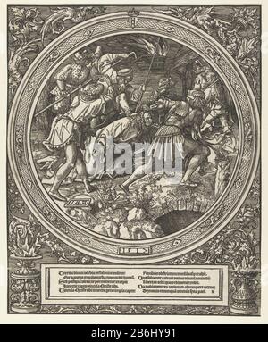 L'arrestation du Christ's Passion Round (titre de la série) À Partir de la série douze empreintes. Christ, menotté, battu par les hommes et poussé. Autour du cadre décoratif de performance. Cadre inférieur avec texte en latin. Impression de plusieurs blokken. Fabricant : printmaker Jacob Cornelisz. De Oostsanen (inscrit sur l'objet) Lieu de fabrication: Pays-Bas Date: 1517 Caractéristiques physiques: Matière de coupe du bois: Technique du papier: Bois Dimensions: Feuille: H 349 mm × W 285 mm Objet: Christ est conduit  jardin de Gethsemane Banque D'Images