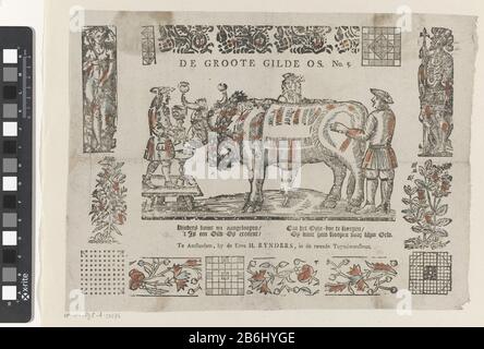 La grande guilde os (titre objet) Blad a rencontré een grote voorstelling van een gilde-os (ook kermisos de prijsos genoemd), versierd met bloemenkransen. Onder de voorstelling een vierregelig vers dans twee kolommen. De voorstelling est gevat dans een sierlijst van 16 kleine voorstellingen van verschillende aard, zoals voorstellingen van ranken en planten. Genummerd: N° 5. Fabricant : uitgever: Erve H. Rynders (vermeld op object)prentmaker: AnoniemPlaats fabriquent: Uitgever: Amsterdam damprentmaker: Nederland Dating: 1831 - 1854 Physical kenmerken: Houtsnede gekleurd in blaw en oranje; tekst in boekdru Banque D'Images