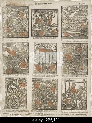 L'histoire d'Adam (titre objet) feuille avec neuf histoires de scènes de l'ancien Testament Où: Parmi Adam et Eve dans le paradis, Caïn says Abel morts et les animaux qui embarcadrent sur l'Ark. de Noah Sous chaque montre un verset à deux lignes. Numéroté en haut à droite : n° 90. Fabricant : éditeur: James Thompson (indiqué sur l'objet) fabricant d'impression: Fabrication anonyme: Éditeur: Rotterdam Imprimer auteur: Pays-Bas Date: 1791 - 1812 Caractéristiques physiques: Bloc de bois de couleur jaune et orange; matériel d'impression de texte: Papier technique: Coupe du bois / couleurs / formats d'impression: Feuille: H 390 mm × l 298 mm sous-j Banque D'Images