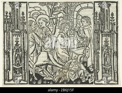 L'entrée à Jérusalem A Imprimé trois blocs. Christ sur âne suivi par des disciples. Trois passants l'accueillent à la porte de Jérusalem. Gauche et droite de la représentation ornamentatie architecturale. Fabricant inconnu Maître de Delft (attribué à) inconnu: Maître Delbecq-Schreiber-Passion (attribué à) inconnu: Maître de la Virgo inter Virginie (attribué à) Lieu de fabrication: Pays-Bas Dating : 1480 - 1500 et / ou 1503 Caractéristiques physiques: Bois: Papier: Technique: Bois dimensions: Feuille: H 109 mm × W 148 mmfeuille de ToeliechtingEén 113 de Ludolph la Saxonia, ces es dleué Banque D'Images