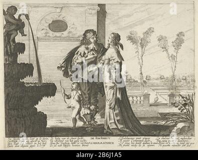 La jeunesse Jonckheyt l'adolescence (titre objet) l'âge de l'homme (titre de la série) les IIII Aages de l'homme (titre de la série) un couple d'amour, accompagné d'Amor, sur une terrasse. Premier plan à gauche une fontaine surmontée d'un puto assis sur un cygne. Dans le fond droit un jardin avec un paon. En marge d'un poème d'achtregelig en néerlandais et en français, faisant référence à la jeunesse, mais aussi à la transition de la jeunesse. Deuxième photo d'une série de quatre à l'âge des hommes. Fabricant : Printmaker Jan Christoffel Jeghernaar Design: Abraham Boss Éditeur: Claes Jansz. Visscher (II) Lieu de fabrication: Anvers Date: Banque D'Images