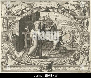L'homme à l'âge de quatre-vingt dix ans d'homme (titre de série) Dans un cadre ovale décoré d'ornements représentant un vieil homme deux jeunes admonisantes parle. Dans sa main une canne et un rosaire. Les deux fioles de jeunes s'établissent et courent vers une rivière gelée. Laissé en arrière-plan une chouette. L'imprimé a un latin et français onderschrift. Fabricant : printmaker Gerard van Groeningen conception: Gerard van Groeningen auteur: Hugo Favolius (possible) Éditeur: Philip Galle (possible) Lieu de fabrication: Anvers Date: 1569 - 1575 Caractéristiques physiques: Gravure et engring matériau: Papier technique: Gravure / engrr Banque D'Images