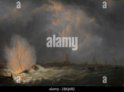 L'explosion du bateau à canon d'Anvers n° 2 sous le commandement de Jan van Speyk, 5 février 1831, SK-C-226 l'explosion sur la rivière Scheldt à Antwerp gunboat n° 2 sous le commandement de Jan van Speyk, 5 février 1831. En arrière-plan le profil de la ville Antwerpen. Fabricant :. Peintre: Martinus Schouman Dating: 1832 Caractéristiques physiques: Huile sur panneau matériau: Huile sur panneau Dimensions: Support: H 53 cm. B × 76 cm. Dimensions externes : D 6 cm. (Y compris le transporteur SK-L-3489.) Sujet: La perspective de catastrophe de poudre à canon de ville, panorama de ville, silhouette de ville auto-sacrifice de Jan van Speyk Quand: Banque D'Images