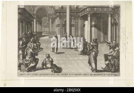 Le penningen van arme weduwe Memorabilivm Nouveau Testament au temple gestorvm icônes treize élégantes et distinguées (serietitel) Les pennies des pauvres weduweMemorabivm Novi Testamenti dans templo gestorvm icones Tredecim elegantissimi ac refertissimi (titre de la série) Type de propriété: New Holllstein Dutch 623-1 ( 4) marquage / marques: Marque du collectionneur, verso, estampillé: Lugt 2228 opschrift, recto, écriture à l'encre brune: 'Jésus un jour au pres du trone tle au tot [...]' Description: Une veuve pauvre et deux pennies sauvées donat Banque D'Images