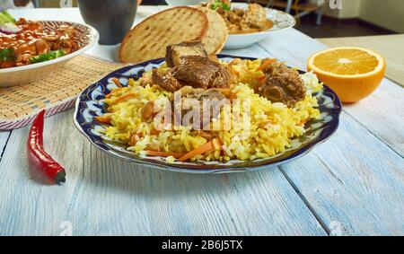 Riz Yakhni, cuisine cachemiri, plats indiens traditionnels assortis, vue sur le dessus. Banque D'Images